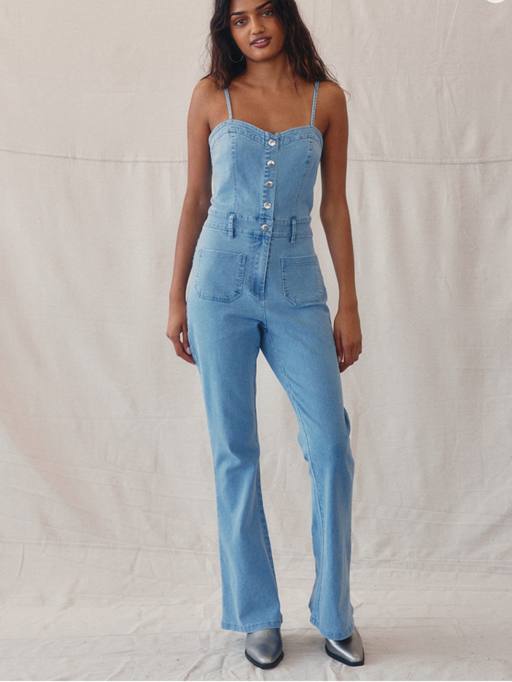 West Of Melrose Denim Flare Jumpsuit Size S